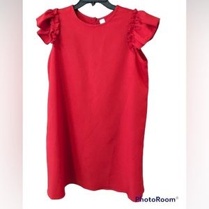 Red silk dress, ruffle cap sleeves, 32”, Large
